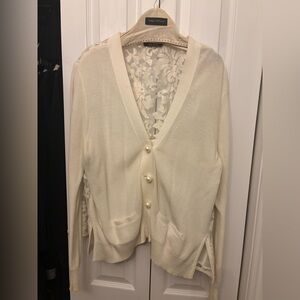 Pink Tartan Ivory Lace & Knit Pearl Button Cardigan Size L